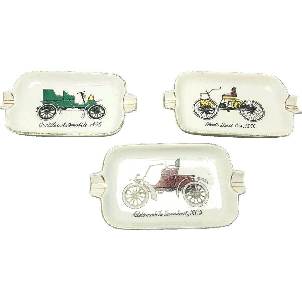 Vintage Porcelain Car Ashtrays set of 3 MCM Cadillac Ford Oldsmobile